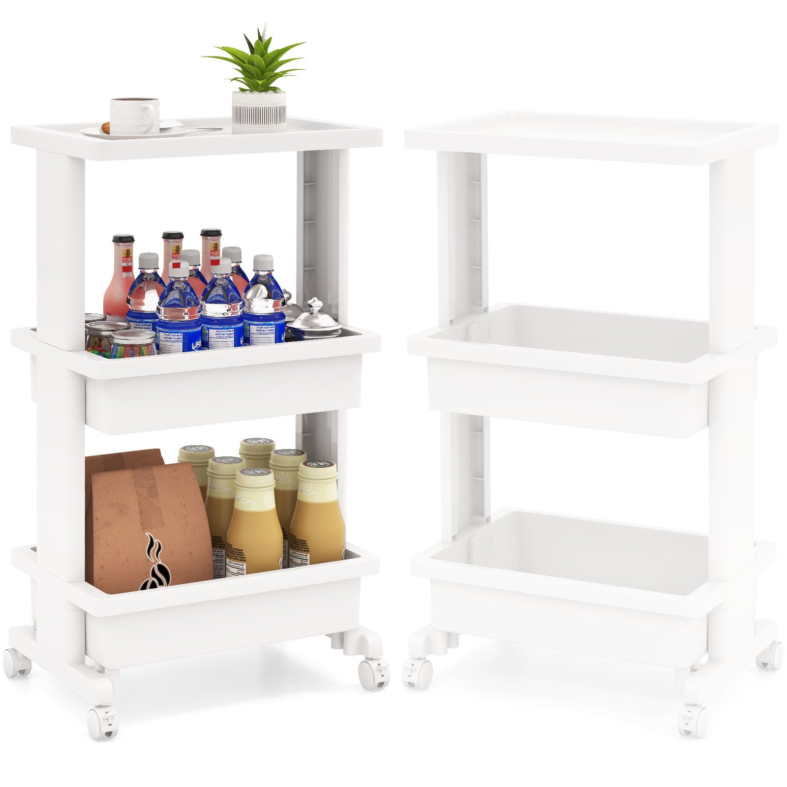 HOMASIS Carrello Cucina a 3 Livelli, Carrello Portaoggetti Salvaspazio in Plastica, Carrellino Scaffale con Ruote per Bagno, Trucco, Ufficio, 45 x 30 x 81 cm, Bianco