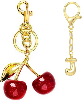 Cherry Bag Charms & Gold Initial Keychain for Handbags Purse Tote Bags, Cute Key Chain Accessories for Women Girl