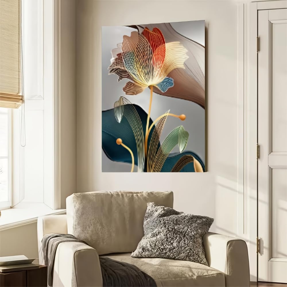 LSYALUCK Canvas Painting Decoration, Abstract Mesh Flower Canvas Art, Modern Floral Print with Layered Textures And Soft Teal(90x140cm(35x55in)/InnerFrame)
