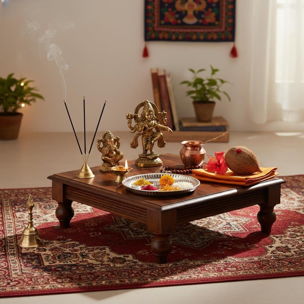 WOODMAZE® Solid Sheesham Wood Pooja Chowki | Bajot | Multi-Purpose | Traditional Puja Altar & Modern Home Decor for Living Room, Bedroom | Meditation | 55x55x19cm, Honey Finish discount deal