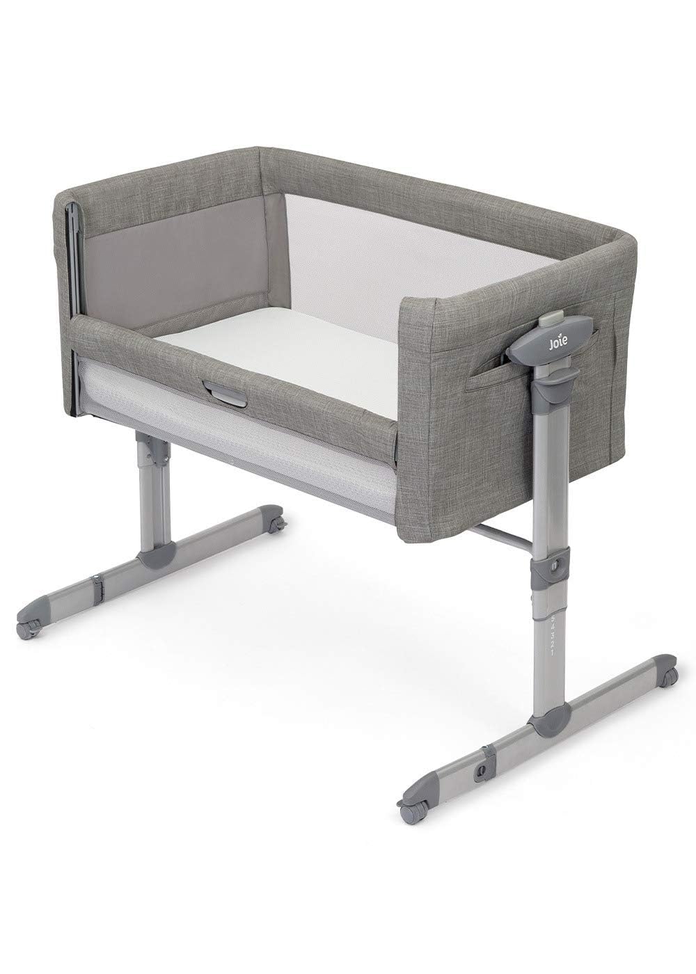 Joie roomie™ Glide Beistellbett, ab Geburt bis 6 Monate (0–9kg), Foggy Grey | Beistellbett und Wiege mit wiege funktion, Absenkbares Seitenteil, Neigung, höhenverstellbar und Tragetasche inklusive.