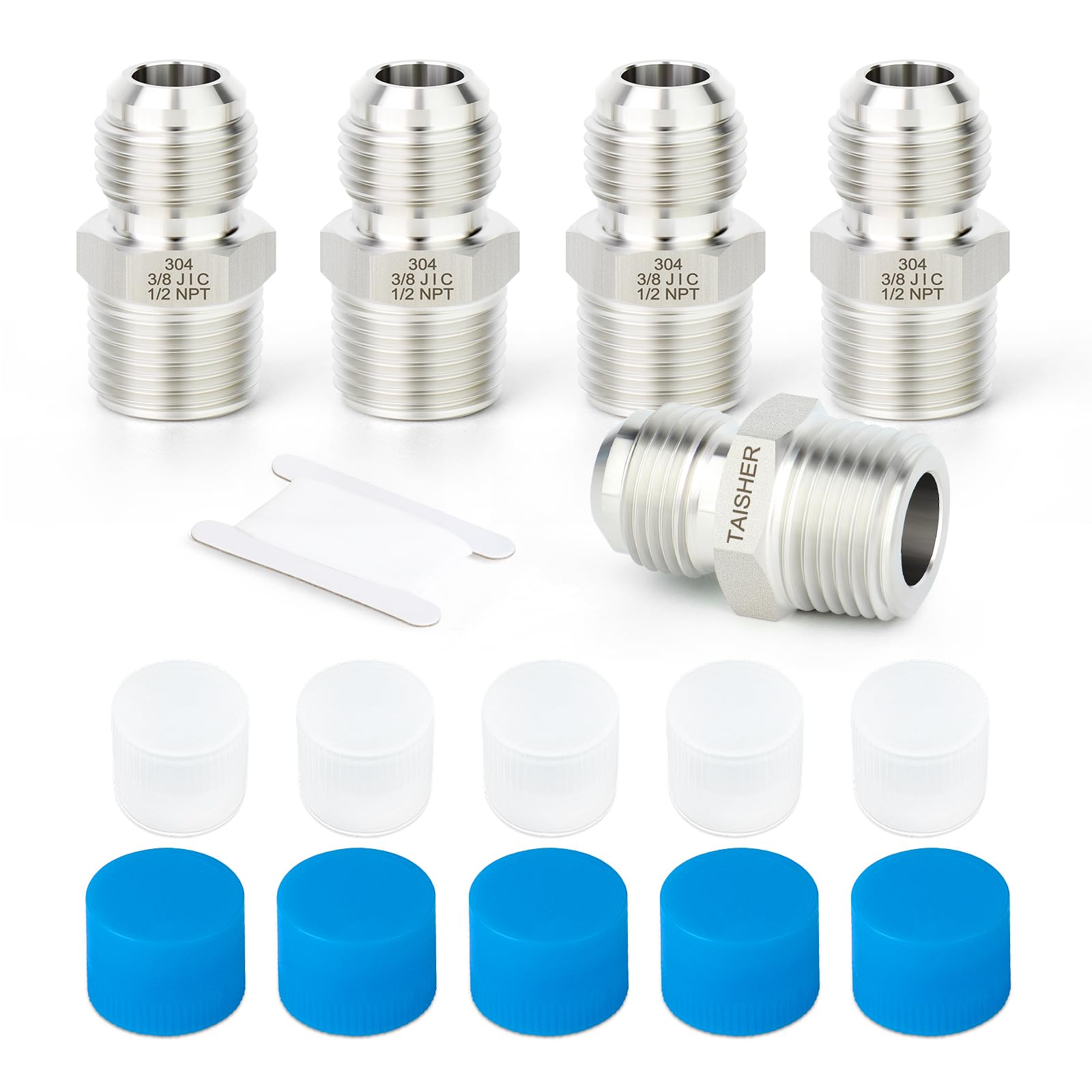 TAISHER 5PCS Forging of 304 Stainless Steel JIC Flare Tube Fitting, 3/8" JIC Male x 1/2" NPT Male, Half Union