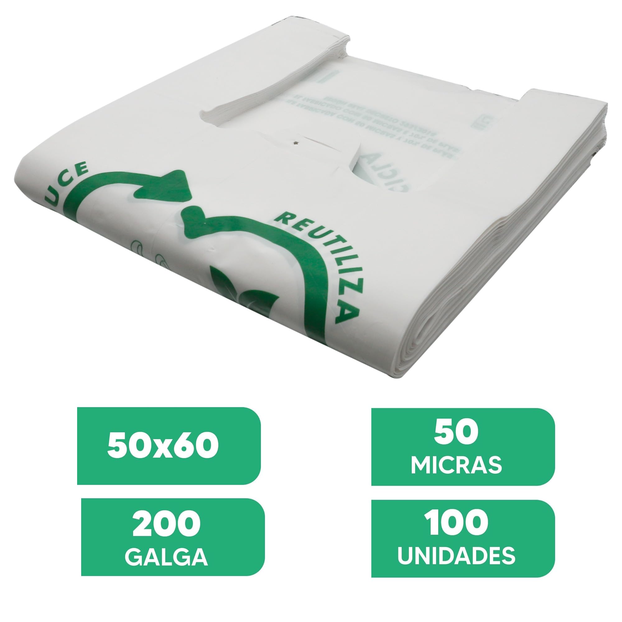 Bolsas de Plástico Asa Camiseta Blanco 50x60 cm 100 Unidades Reutilizables Resistentes 50 Micras 70% Reciclado Aptas Alimentación
