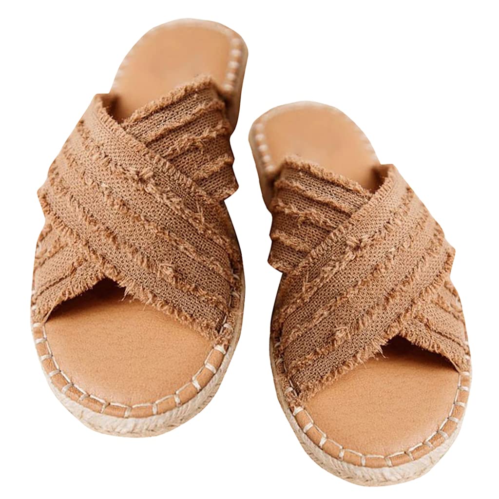 Asmoxo CLEO ESPADRILLE SLIDES- Womens Flat Slide Sandals Open Toe Espadrille Slip On Comfortable Cork leather Sandals