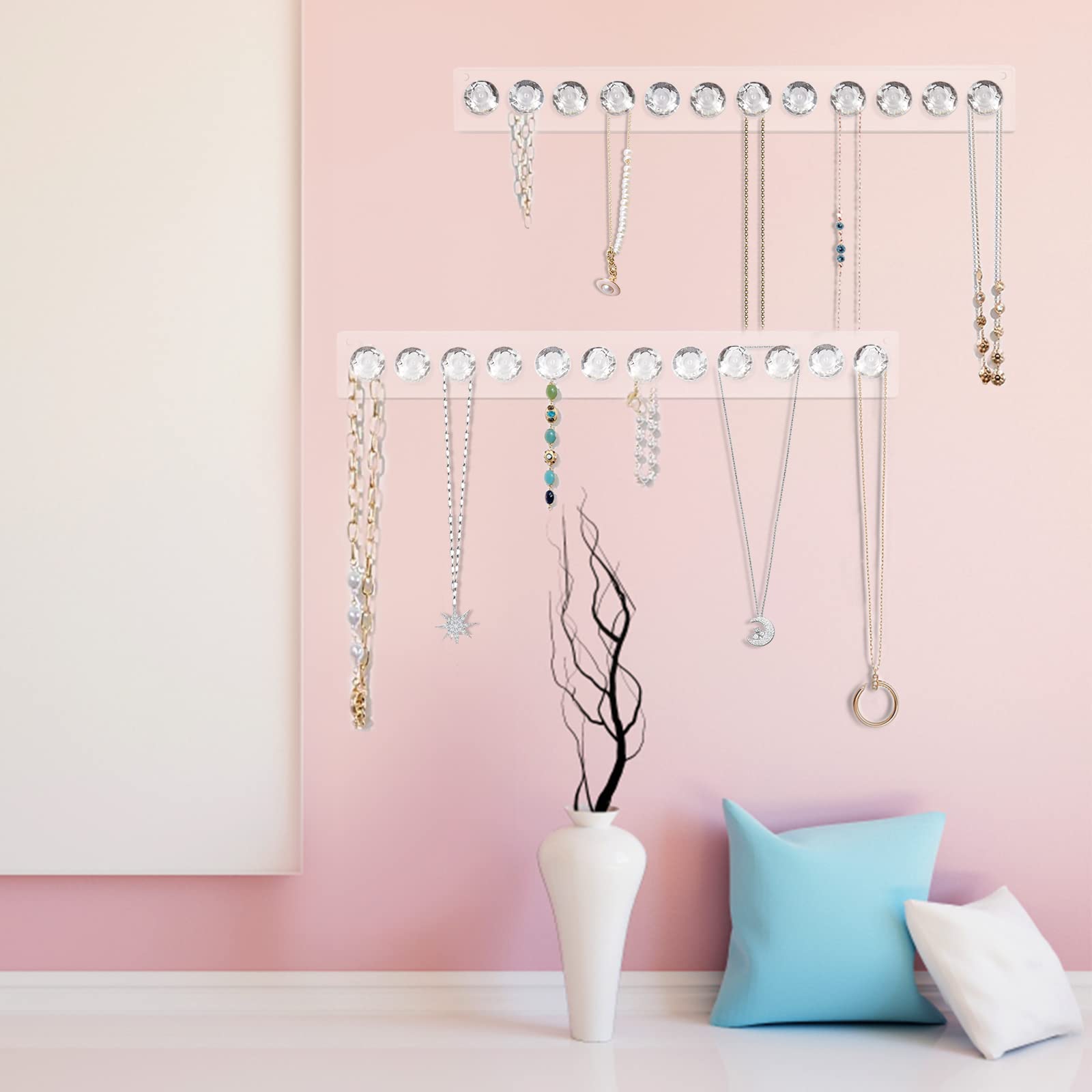 CECOLIC Porta collane in acrilico trasparente da parete appendini per collana da appendere all'organizzatore di gioielli con 12 ganci a forma di diamante (confezione da 4)