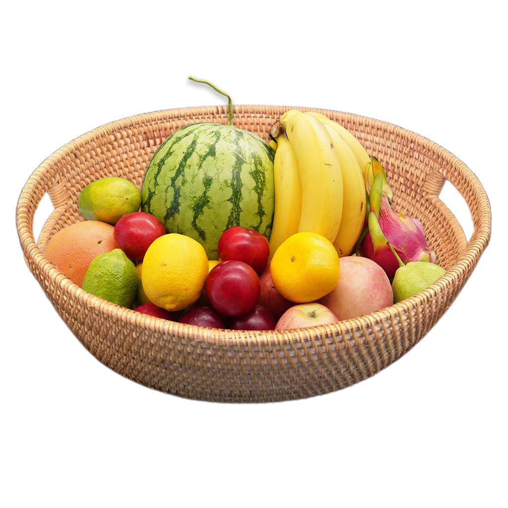 Cestino in vimini intrecciato a mano per frutta e verdura, con doppio manico, vassoio da picnic per cibo, pane, piatti multiuso
