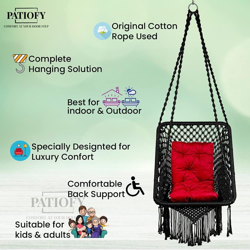 Patiofy Polyester Hammock Chair - Black, 150 Kgs Max Weight, Rectangle Shape - Premium Rectangular Swing Chair with Red L Cushion & Free Hanging Kit Included
