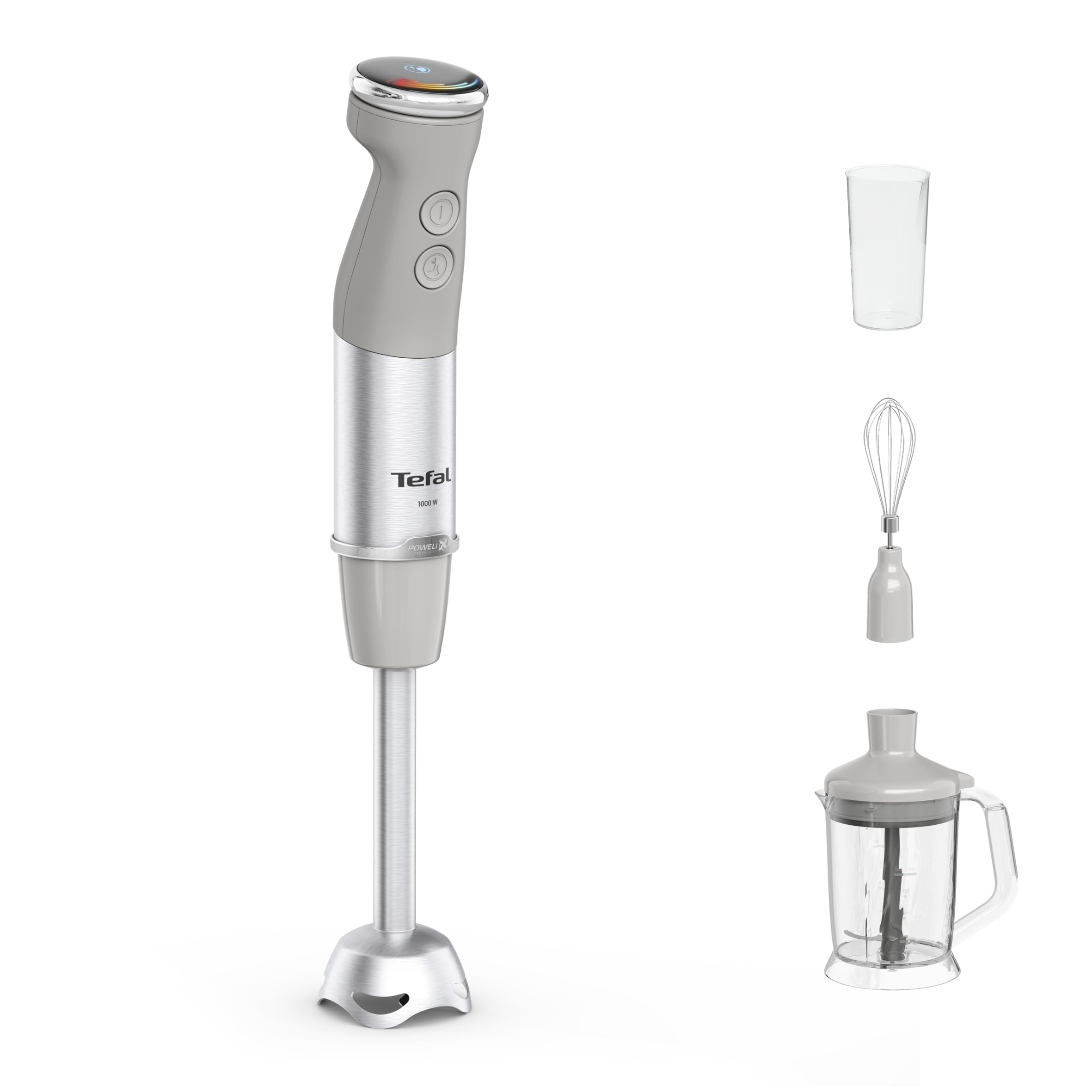 Tefal Quickchef+ HB67MB30 5w1 Blender ręczny XL/rozdrabniacz/trzepaczka/zagniata ciasta/kruszy lód, 1000 W, płynna regulacja prędkości, przycisk Turbo, technologia Powelix, stal nierdzewna, szary