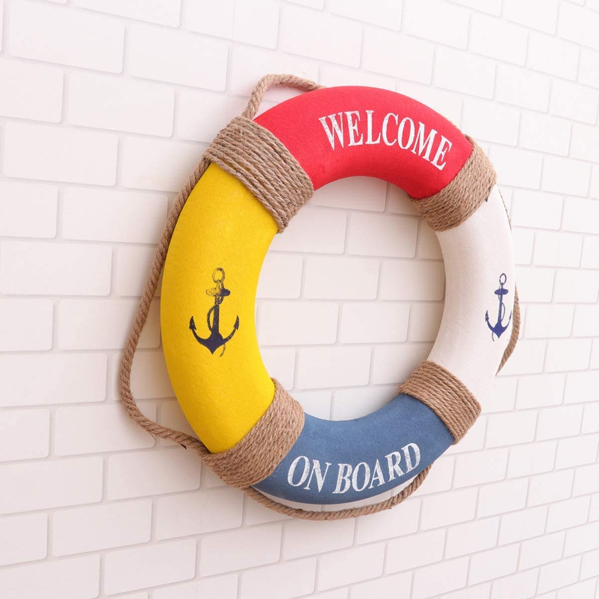 Mediterraner Stil Welcome on Board Rettungsring zum Aufhängen, Schaumstoff, Schwimmring, Wanddekoration, 50 cm, Rot und Gelb