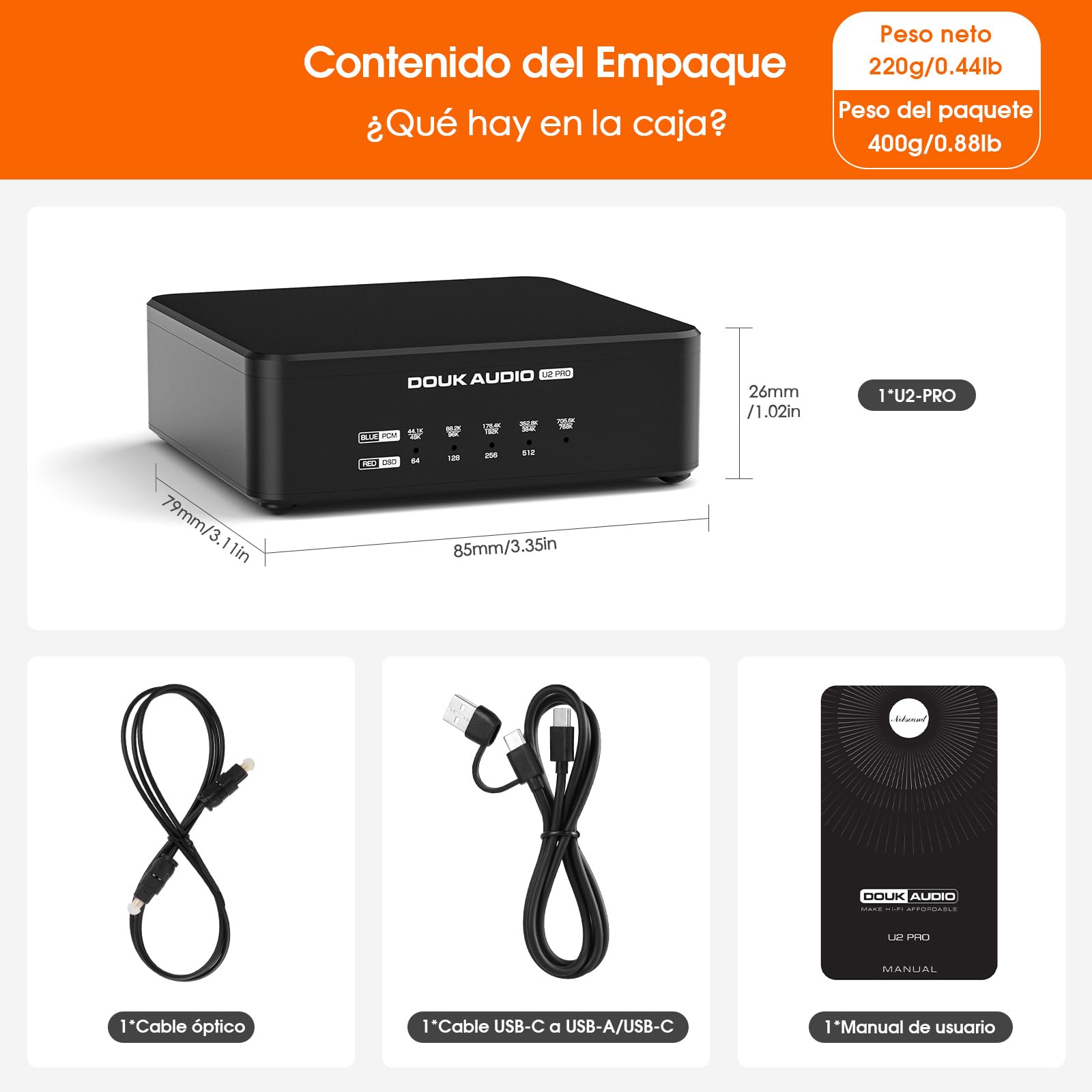 Douk Audio U2 PRO XMOS XU316 Interfaz digital USB DDC, USB-C a óptico/coaxial/HDMI-IIS, DSD512/PCM768kHz, convertidor de audio digital-analógico portátil