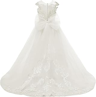 Girls Lace Applique Flower Girl Dresses Wedding Party Gown Floor Length Toddler Tulle First Communion Dress - Buy now