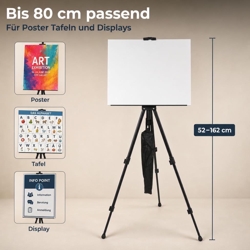 MIJOMA Składana sztaluga metalowa z torbą do przenoszenia – regulacja wysokości od 52 do 162 cm, do płócien do 80 cm – stabilna, lekka i mobilna dla artystów, prezentacji, plakatów i ekspozycji