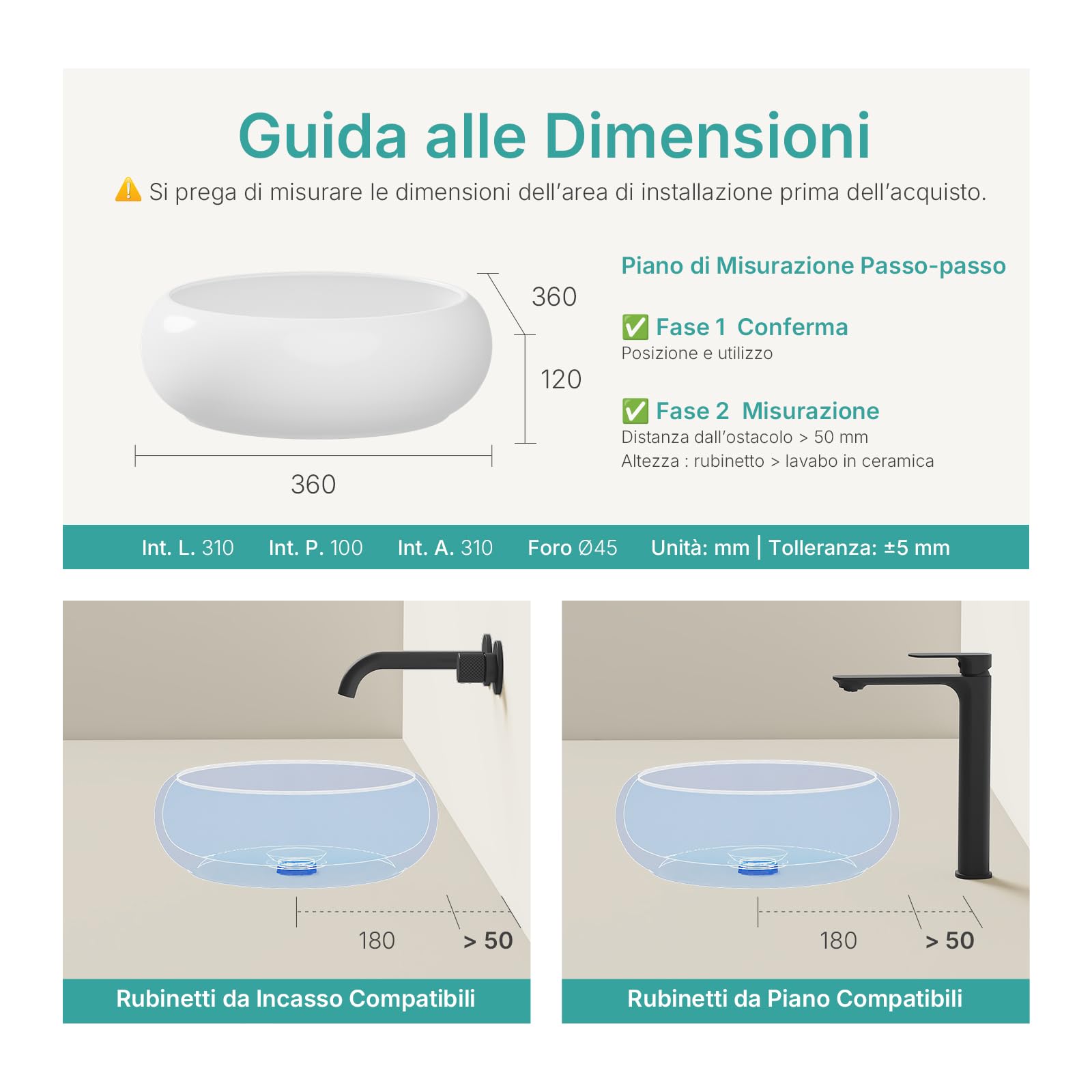 EMKE Lavabo da montare, Lavabo rotondo in ceramica, 360 x 360 x 120 mm, installazione sopra il piano, Bianco lucido, lavabo per bagno e WC ospiti