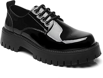 Men's Leather Platform Block Heel Oxfords Classic Round Toe Lace Up Lug Sole Soft Bottom Business Work Dress Shoes Non-Slip Heightening Derby Shoes