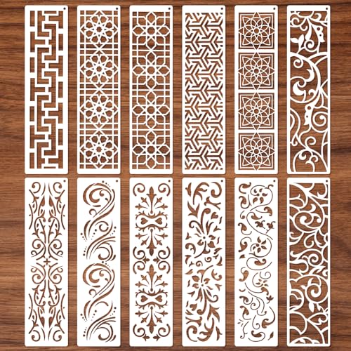 MWOOT Plantillas Bordes Flores para Pintar, 12 Plantillas Mandala Reutilizables para Manualidades, Plantilla con Texturas Geométricas para Pintar en Pared, Madera, Lienzo y Decoración del Hogar DIY