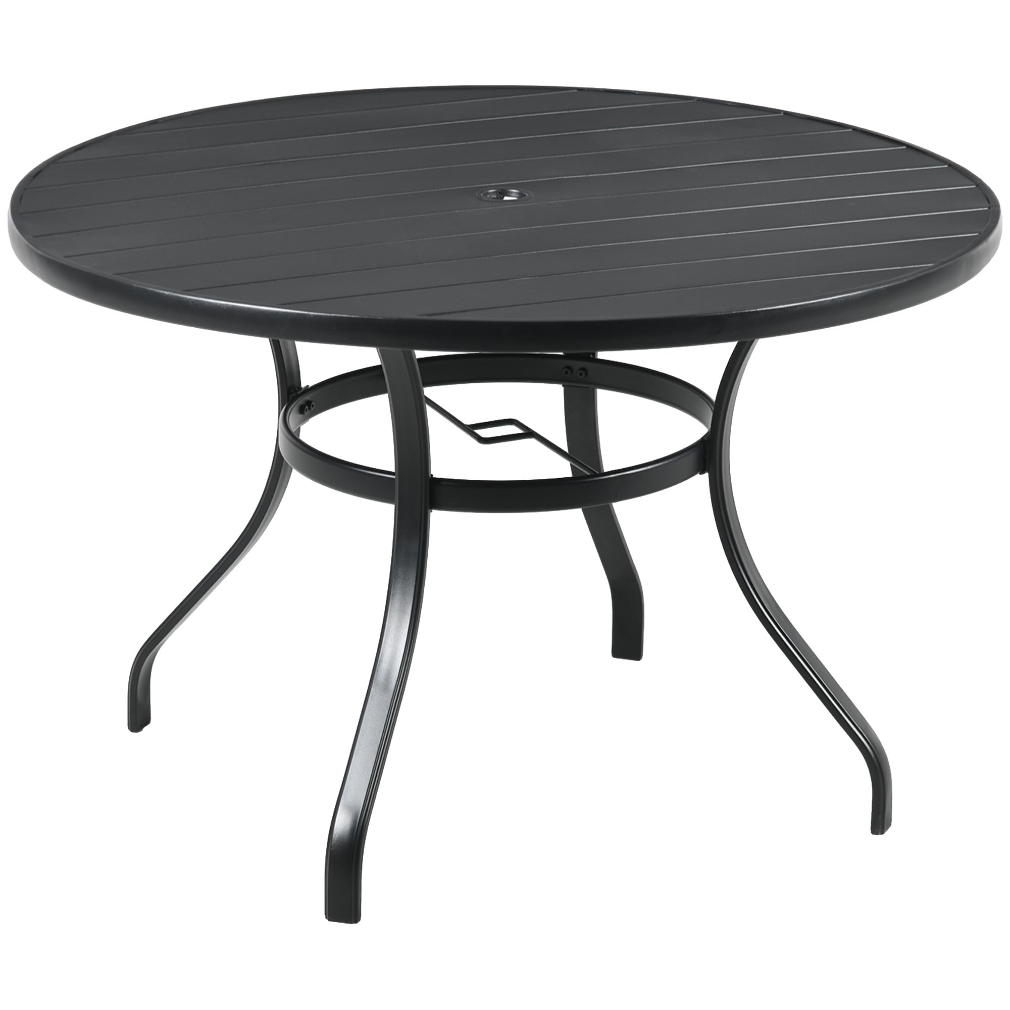 Outsunny Mesa Jardín Exterior Redonda de Acero Ø115x72 cm Mesa Terraza Exterior con Tablero de Listones Agujero para Sombrilla Estable Resistente a la Intemperie Fácil de Montar Negro