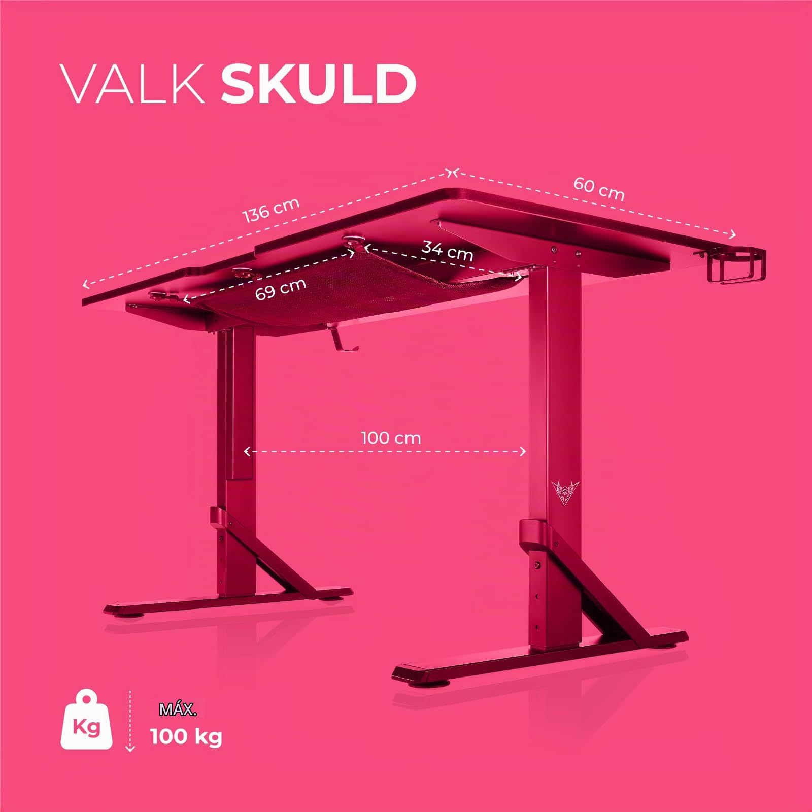 VALK Skuld - Mesa Gaming 136x60cm, Altura Regulable, Gestión de Cables, Mesa Escritorio Solida y Elegante, hasta 100kg, Accesorios para Vasos y Auriculares, Creada en España (Blanca)