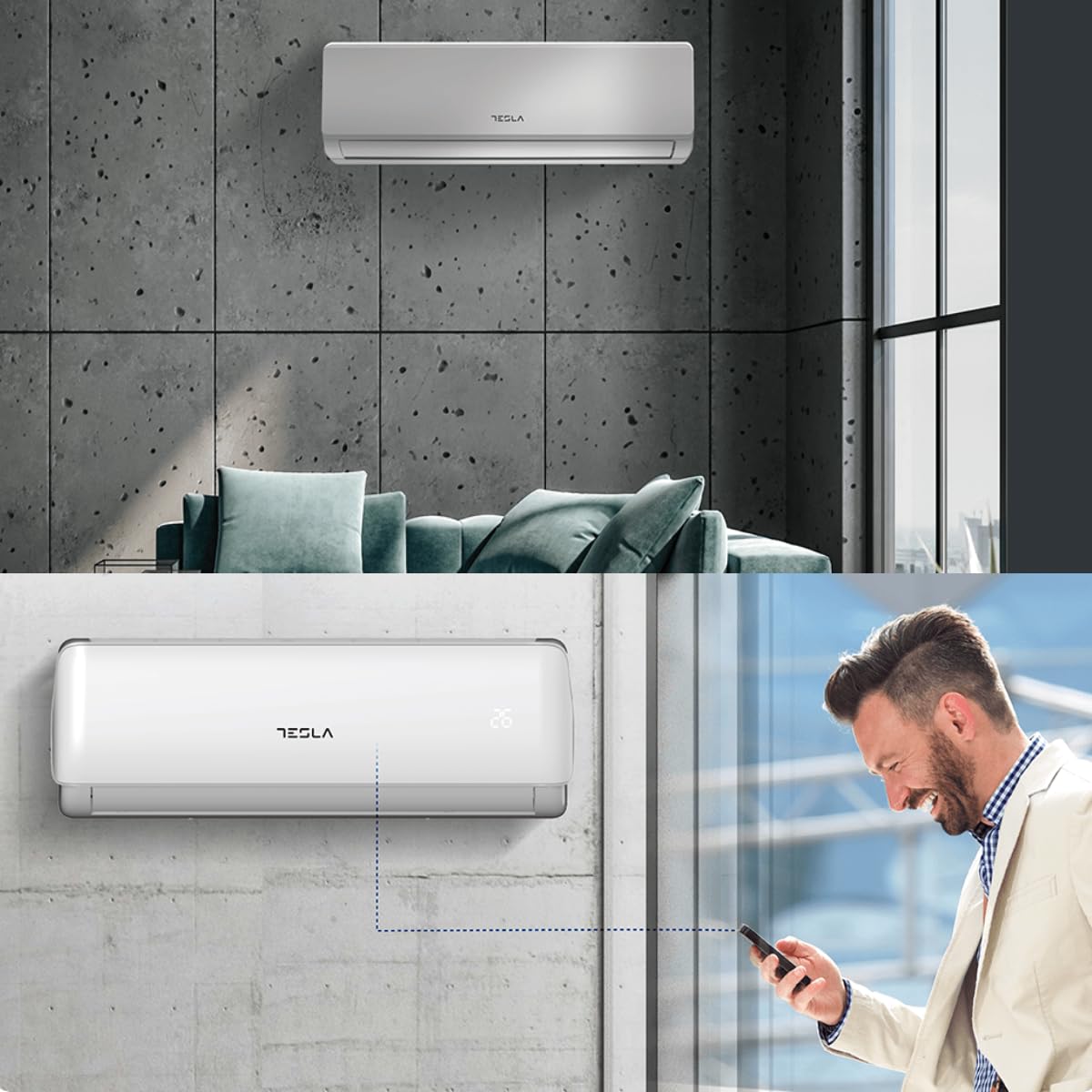 Tesla Aire Acondicionado Inverter Split 3.000 Frigorías [Hasta 30m2] (12.000 BTU) - Wi-Fi, Turbo, Autolimpieza, A+++ Calor, Clase A++ Frío, Gas R32 (Blanco)