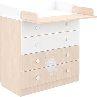 Shefa Kids Wickelkommode 800 Teddy, Weiß-Pastell Eiche, 80,4 x 48 x 91,7 cm, 4 Schubladen, Qualitäts-Wickeltisch aus österreichischem Kronospan
