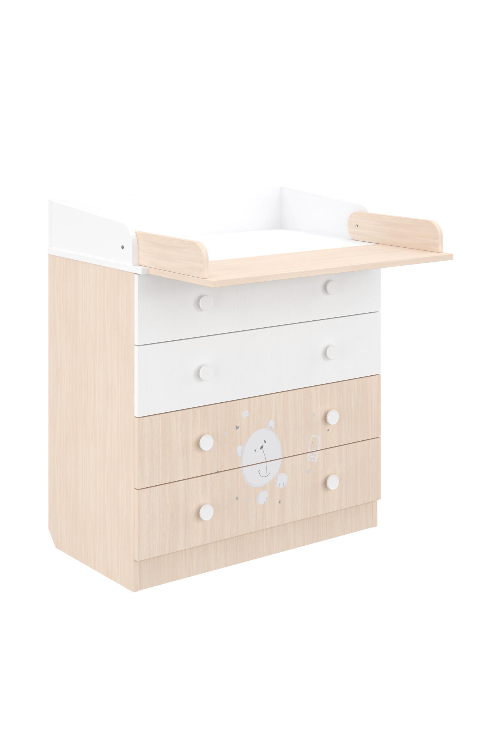 Shefa Kids Wickelkommode 800 Teddy, Weiß-Pastell Eiche, 80,4 x 48 x 91,7 cm, 4 Schubladen, Qualitäts-Wickeltisch aus österreichischem Kronospan