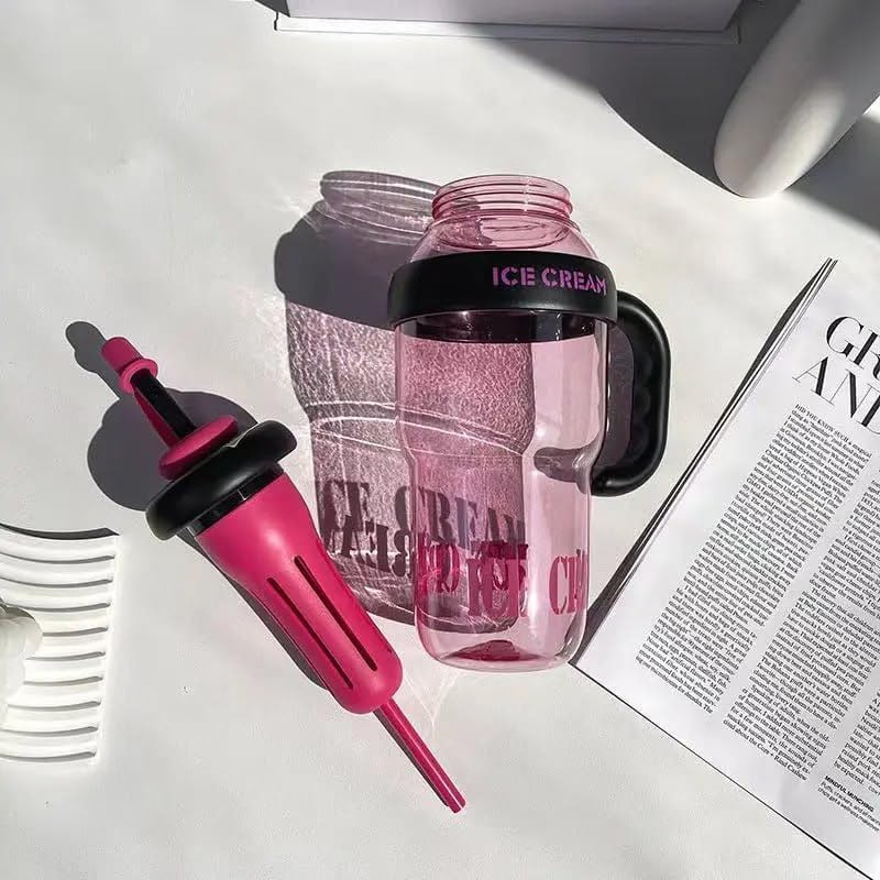 Image of 1300ml Large Capacity Insulated Transparent Tumbler Bottle with Straw & Handle, Leakproof Detox, Green Tea, Milkshake, Beverages, Juice & Cold Drinks | Gym, Travel, Office & Fitness (PINK)