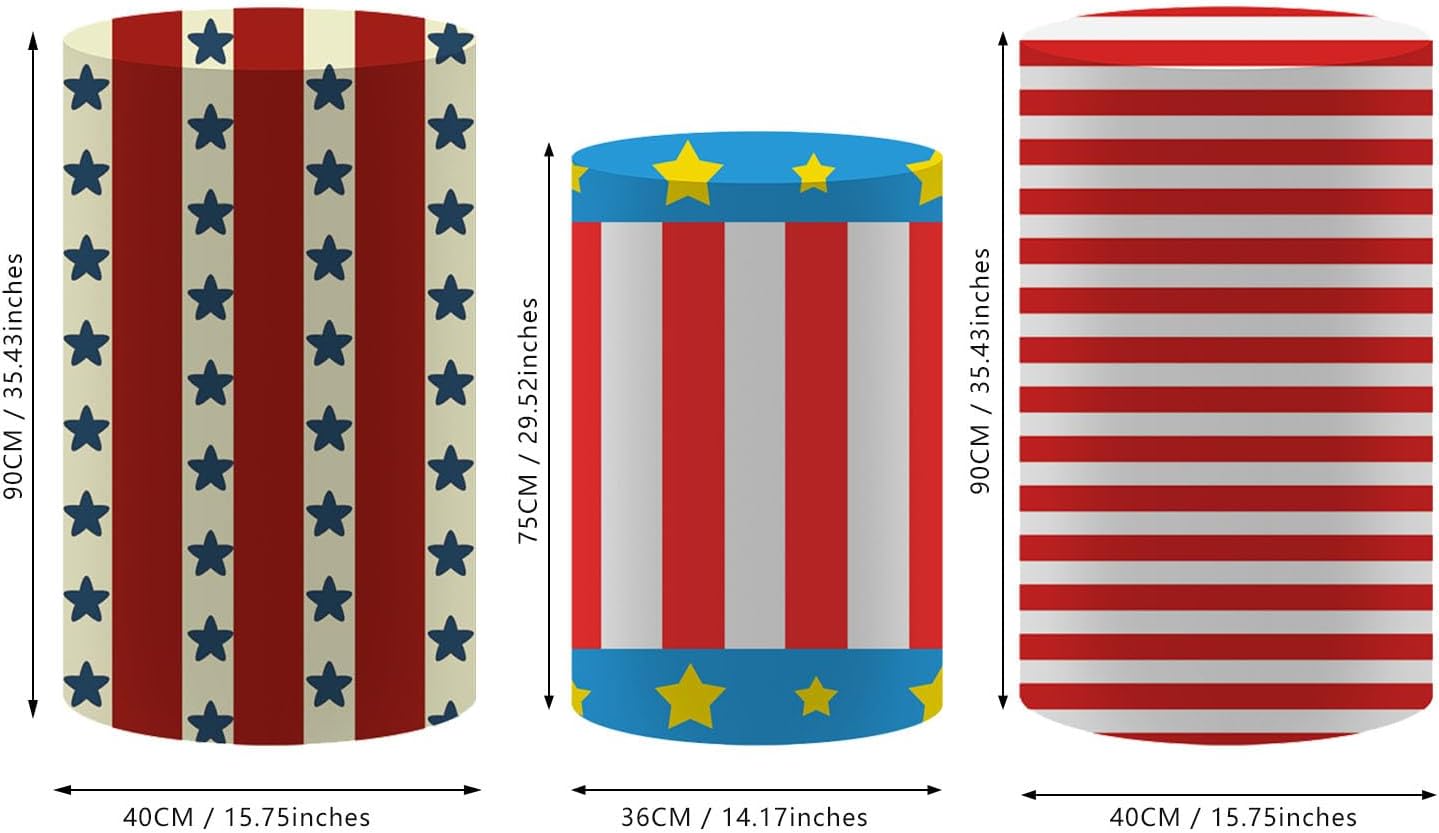Patriotic Cylinder Pedestal Cover Set - 3 Sizes American Flag Party Decorations for 4th of July, Memorial Day, Independence Day, Birthday, or Event Backdrop Props
