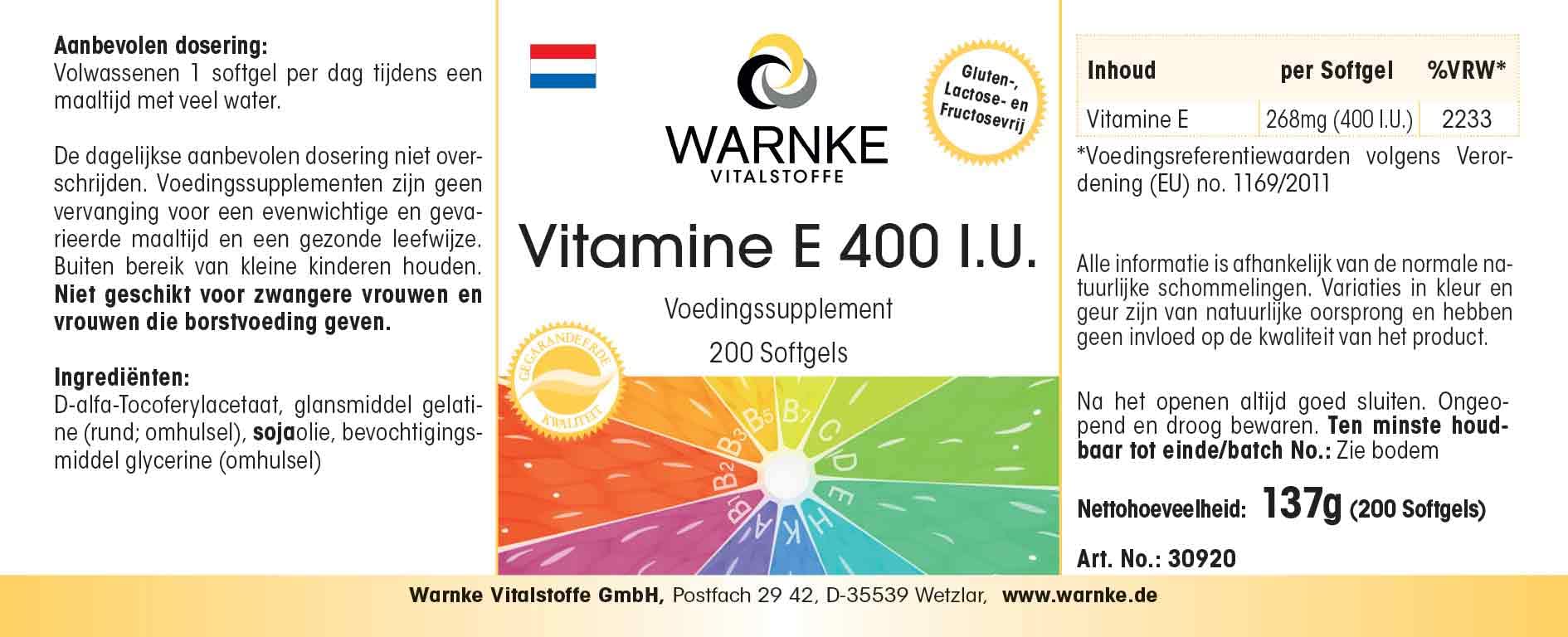Vitamine E 400 U.I. - 200 softgels pour 200 jours, antioxydant, emballage en gros | Warnke Vitalstoffe - Qualité des pharmacies allemandes