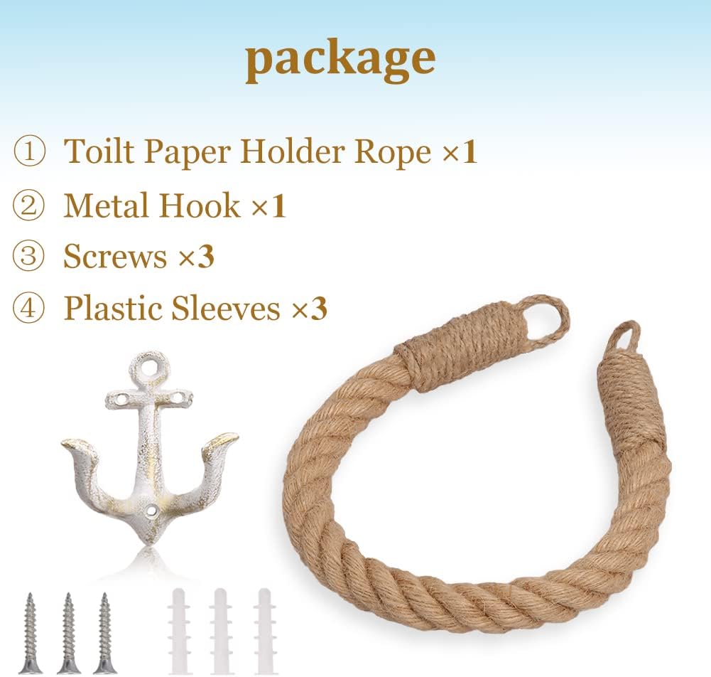 Nautical Rope Toilet Paper Holder Wall-Mounted Towel Ring Nautical Toilet Paper Holder with Metal Hooks Coastal Towel Rack Natural Antique Rope(White)