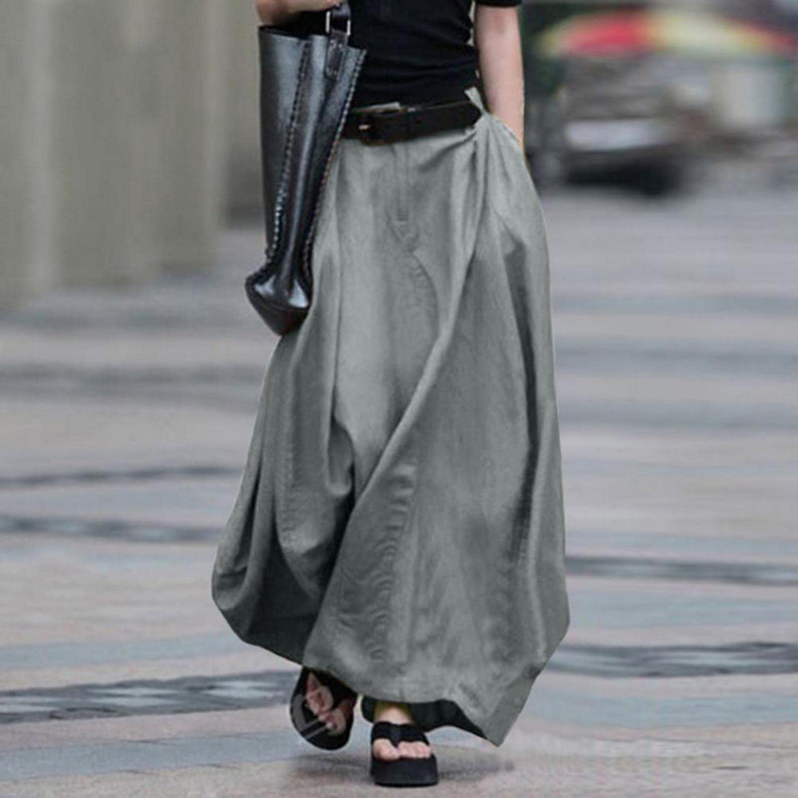 Falda larga para primavera, verano, casual, falda larga para mujer, cintura alta, color sólido, mezcla de algodón, dobladillo grande, maxi falda, gris, 40
