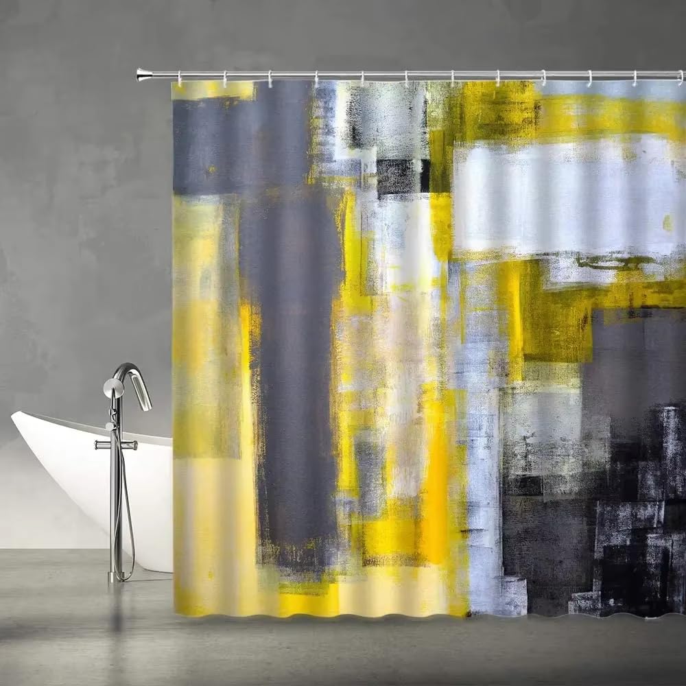 Rideau de douche design abstrait gris et jaune pour salle de bain