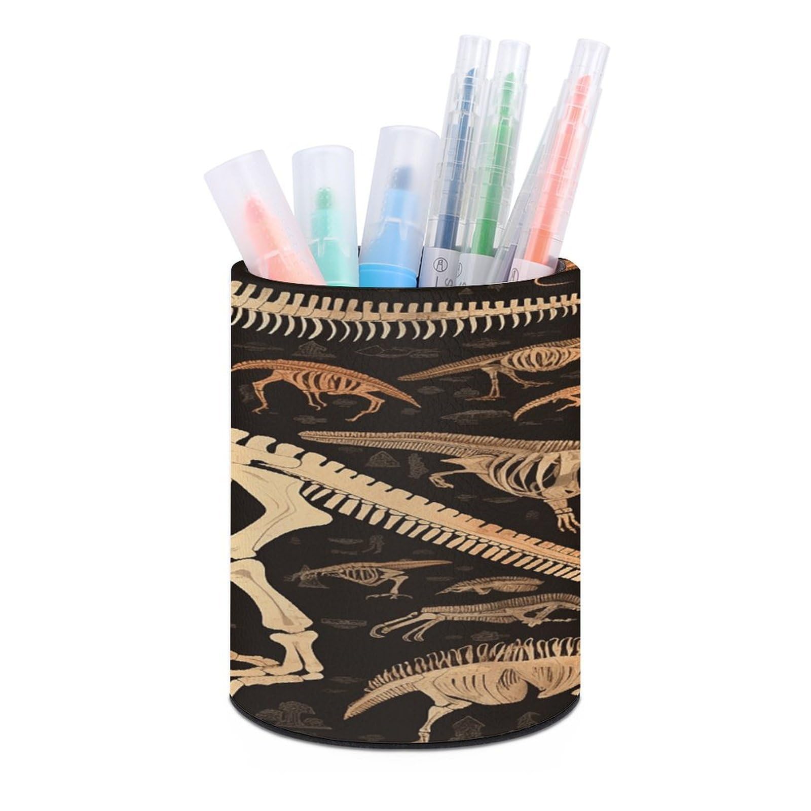 VstaDank Dinosaur Skeleton Print Pen Holder PU Leather Pencil Cup Minimalist Desk Pencil Holder Round Make Up Brush Organizers For Office Dorm Room&Vanity Desk Accessories