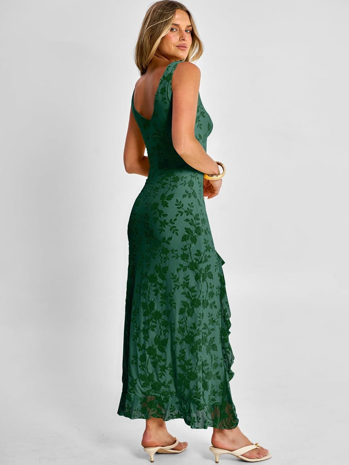 ANRABESS Womens Sexy V Neck Sleeveless Wedding Guest Dresses Spring Mesh Bodycon High Slit Ruffle Hem Cocktail Maxi Dress