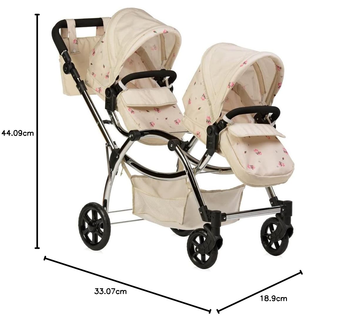 Roma Darcie Twin Dolls wózek dziecięcy w kolorze kremowym, odpowiedni dla dzieci w wieku od 3 do 16 lat, regulowana wysokość uchwytu, 16 kombinacji, podwójna zabawka dla lalek na Boże Narodzenie,