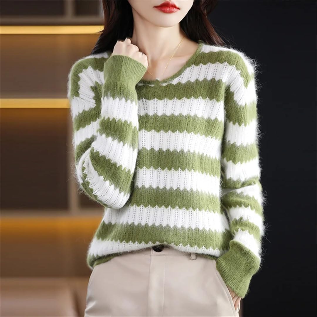 Vogrtcc Maglione Lavorato A Maglia in Cashmere da Donna Autunno Inverno O-Collo Top Warm Strip Pullover Casual