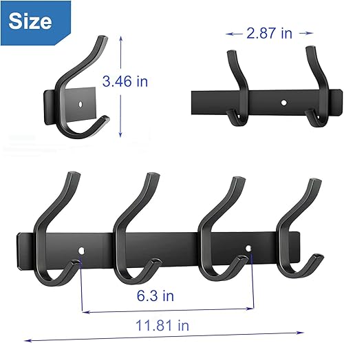 Miniatura 4 de Ganchos de pared resistentes, perchero de 17 pulgadas con 6 ganchos, ganchos de pared negros para colgar mochila, bolsa, bolso, ropa, sombrero,