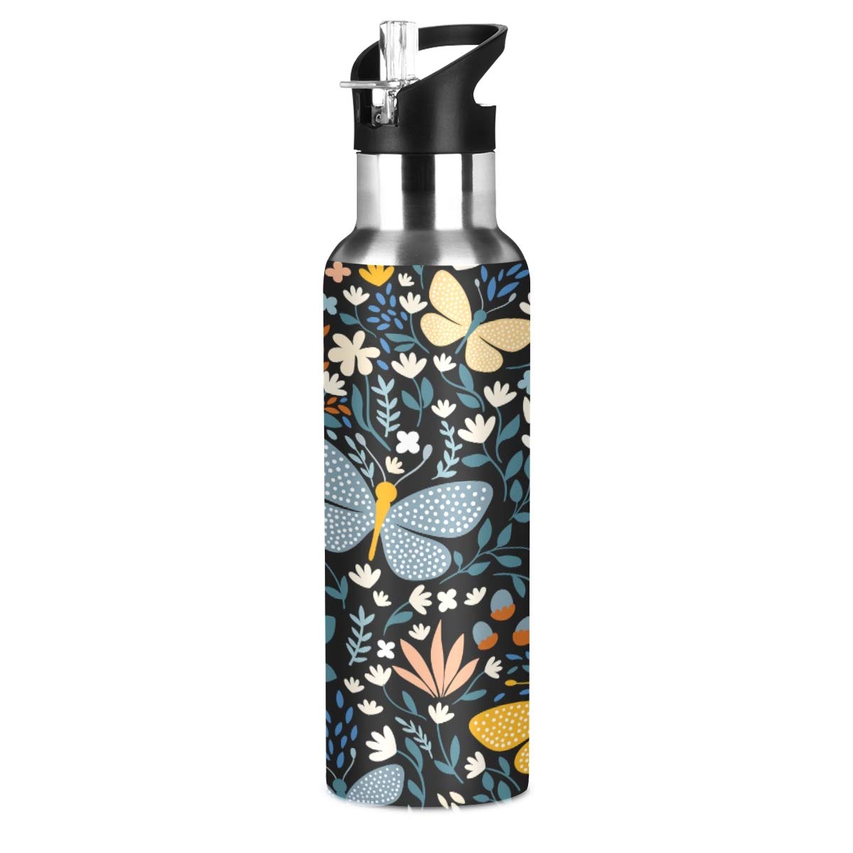 MNSRUU Edelstahl-Trinkflasche 590 Ml Mit Orchideen- & Schmetterlingsdruck – Doppelwandig Isoliert, Mit Strohhalm, BPA-frei