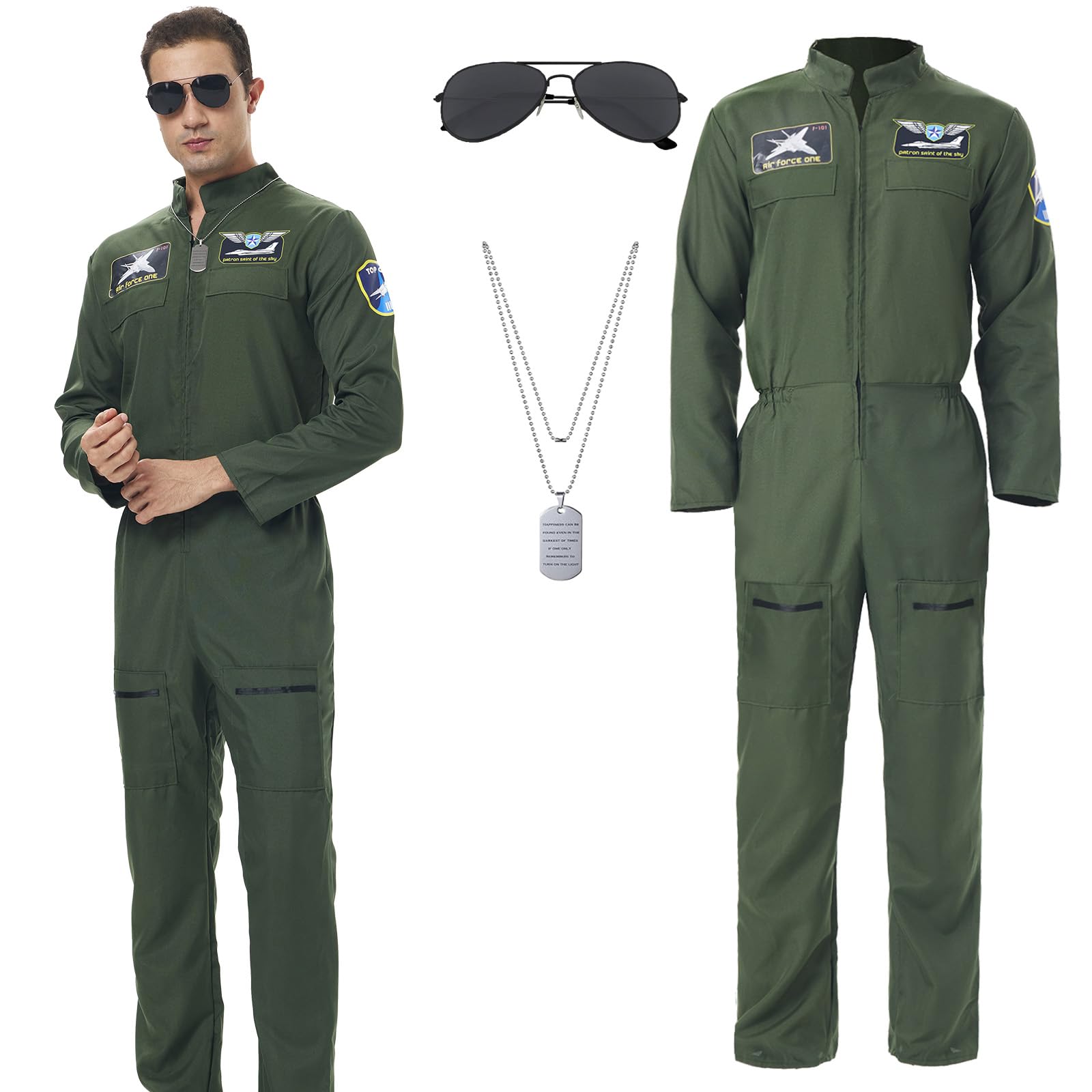 shyhand Pilot Costume 3 Pcs Aviator Sunglasses Dog Tags Mens Fancy Dress Outfit Halloween Party Cosplay (Green, Small) โ image 1