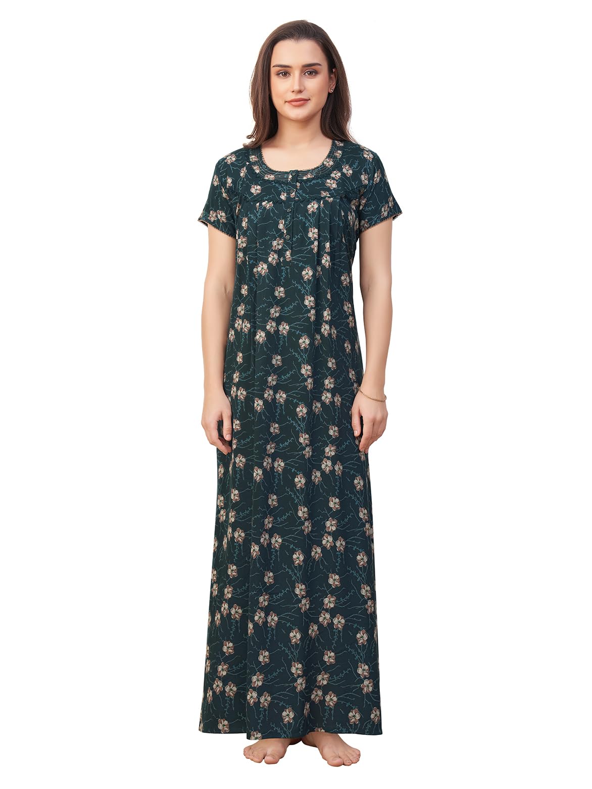 sand dune Women's Stylish Printed Nighty with Round Neck Short Sleeves Lace Neckline Pleated Back and Functional Pocket |-picture-15