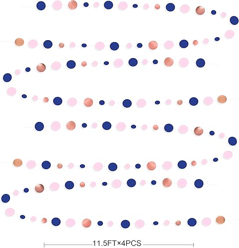Miniatura 2 de Guirnalda de 14 metros de azul marino, rosa pálido, lunares circulares, azul real, rosa, oro rosa, papel colgante con lunares para decoraciones