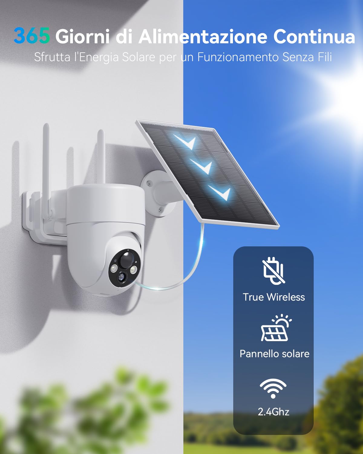 SEHMUA Telecamera Wi-Fi Esterno Senza Fili con Pannello Solare, 2K 360° PTZ | Videocamera Sorveglianza Esterno a Batteria, Visione Notturna A Colori, Rilevamento PIR, Audio Bidirezionale, IP66, 2 Pezzi