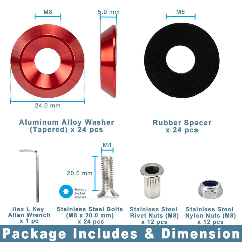 24-Piece M8 x 24mm Anodized Aluminum Tapered Washer Kit for Exterior Bodykit and Engine Bay Dress-Up (Red)