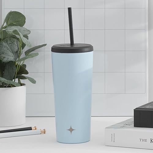 Miniatura 4 de JoyJolt Vaso de 20 onzas con triple aislamiento con tapa y popote (2 cada uno) de acero inoxidable de doble pared al vacío, con forro de cobre para