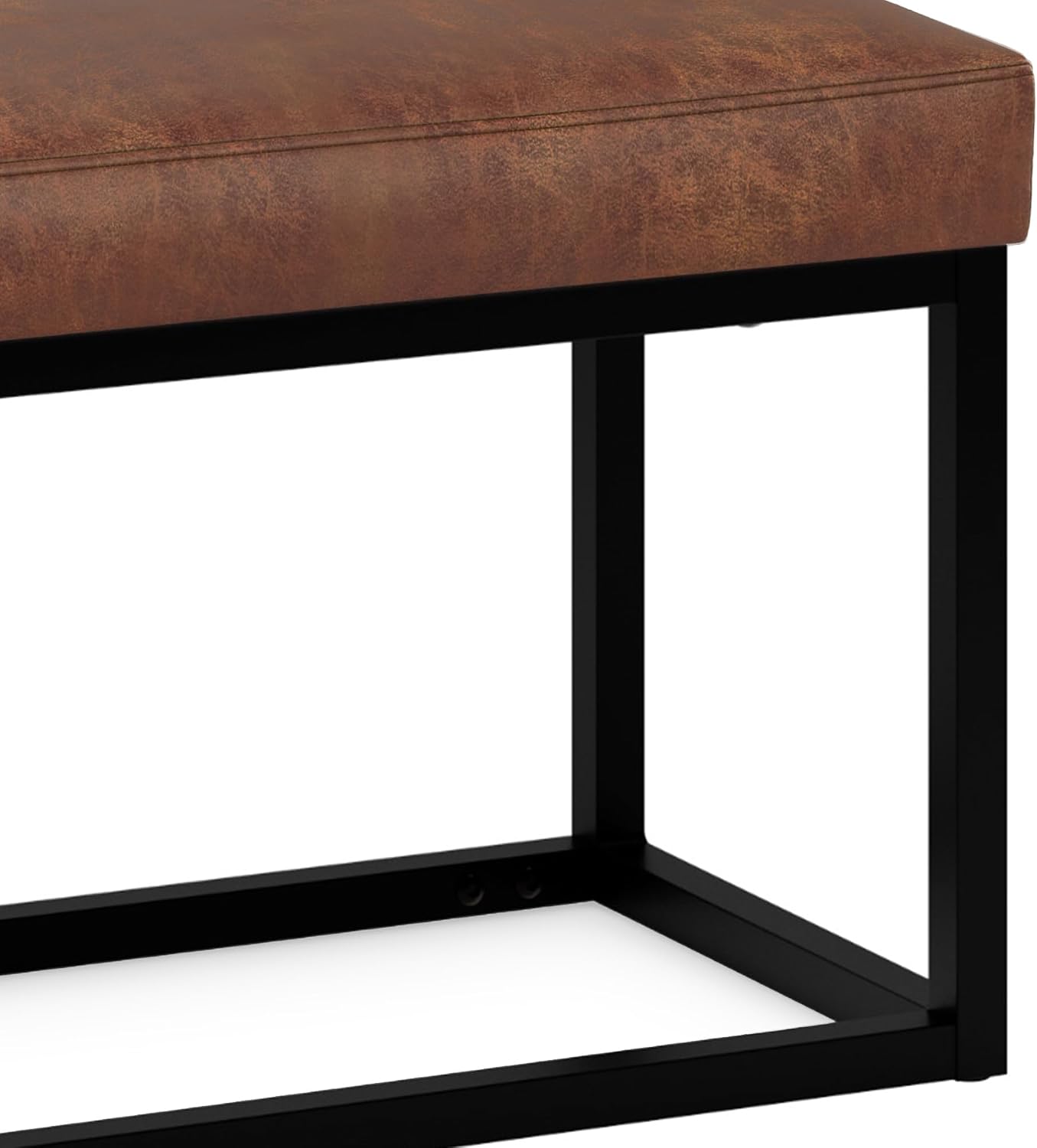SIMPLIHOME Reynolds Small Ottoman Bench - 26 inch Wide Upholstered Vegan Leather Rectangle Ottoman in Distressed Saddle Brown, Contemporary Bench for Bedroom with Cushioned Seat and Metal Base