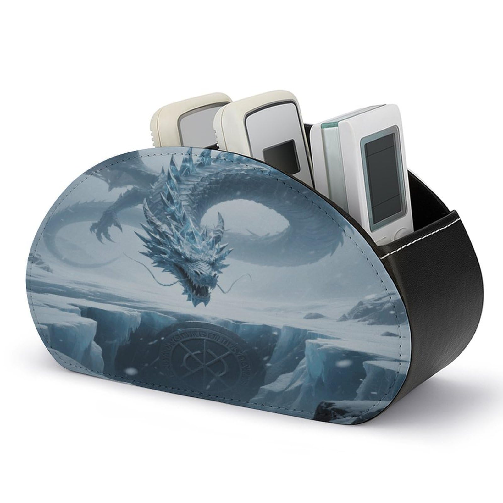VstaDank Ice Dragon Remote Control Holder with 5 Compartments PU Leather TV Remoter Caddy Desktop Organizer TV Remote Holder Remote Box for Media Controllers Office Supplies