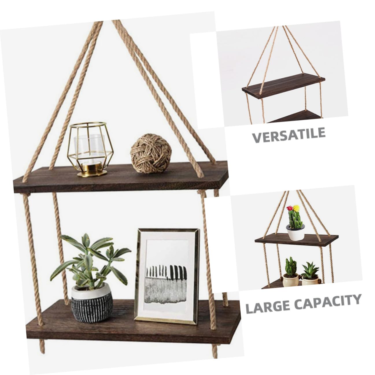 Toyvian Mensole Sospese da Parete Arazzo Boho in Legno Nero Supporto in Corda Naturale, Scaffali Galleggianti Rustici per Piante e Decorazioni, Set per Arredamento Casa