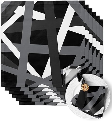 Juego de 6 servilletas de tela geométricas blancas y grises a rayas sobre negro, lavables, suaves, para cocina, cena, juego de 6, servilletas de