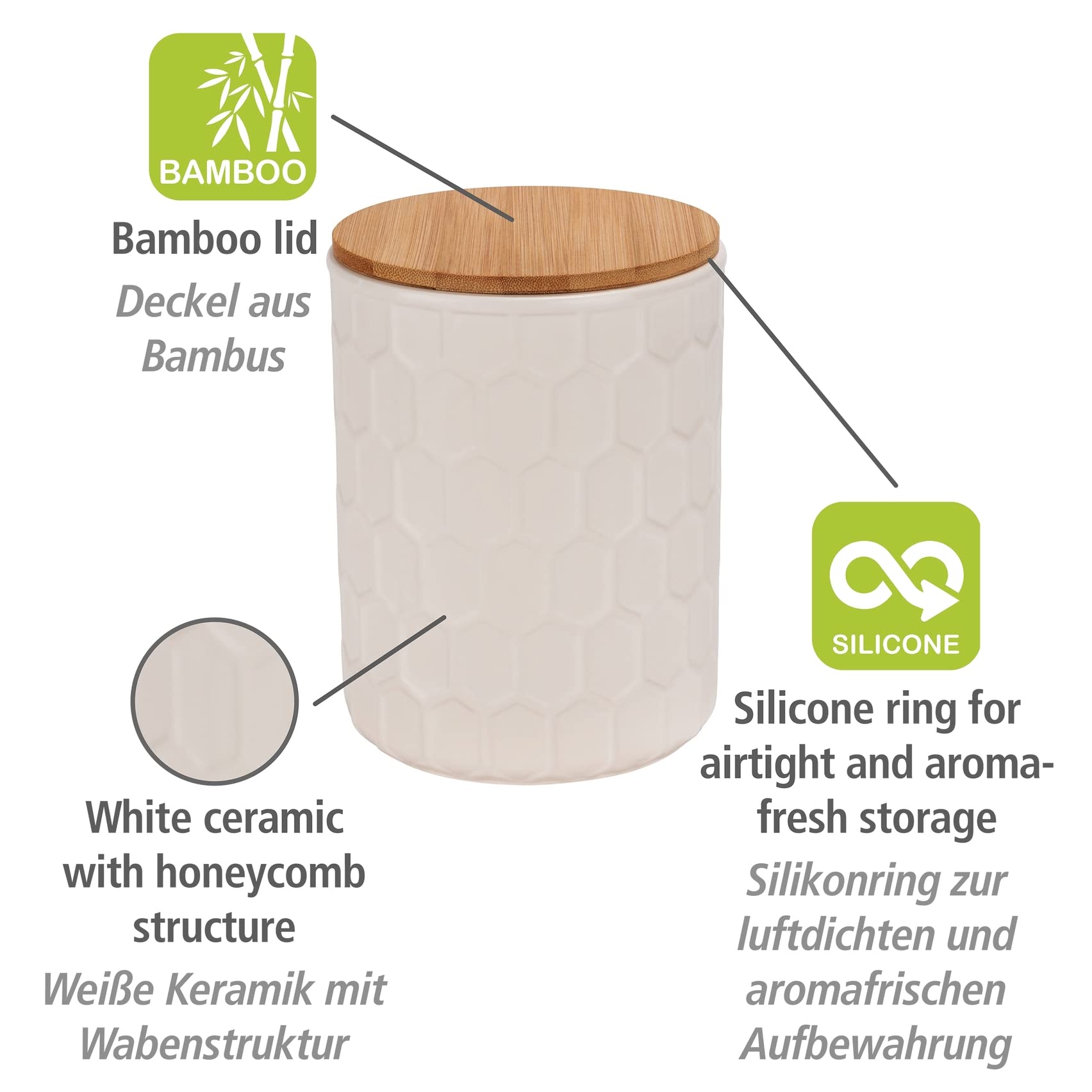 WENKO Aufbewahrungsdose Maya aus hochwertiger weißer Keramik mit Wabenstruktur, spülmaschinengeeignete Dose mit luftdicht verschließbarem Deckel aus Bambus, FSC Zertifiziert, 1,3 L, 13 x 17 cm