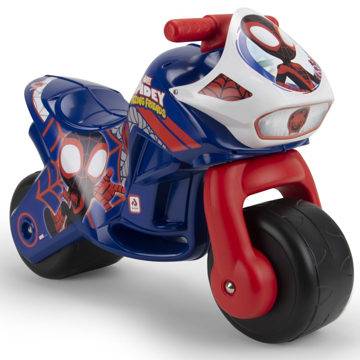 Moto portadora Infantil de 18 Meses a 3 años sin Pedales, Bebe – Twin Postre Spidey Estable + ergonómico para Moto de draisiene de 2 años Ruedas Anchas + Transporte fácil + Estilo Carrera | INJUSA