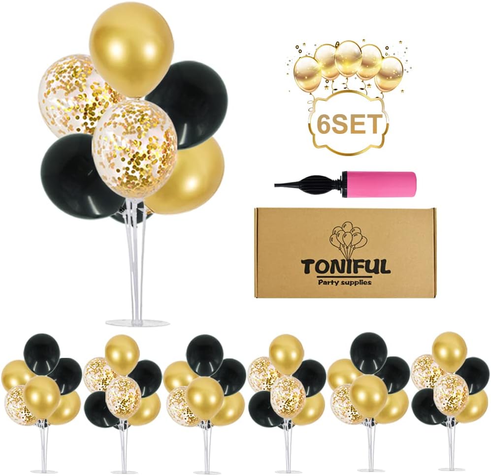 TONIFUL 6 Set Balloon Centerpieces for Table Black Gold Confetti Balloon Stand Kit for 2023 Graduation Party Decoration Birthday Wedding Anniversary Table Party Decorations