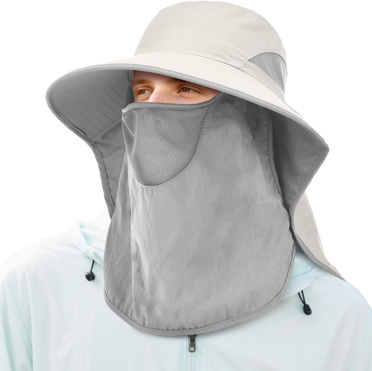 Men&Women Wide Brim Fishing Ponytail Sun Hat with Removable Face and Neck Flap UPF 50+ UV Protection Safari Cap